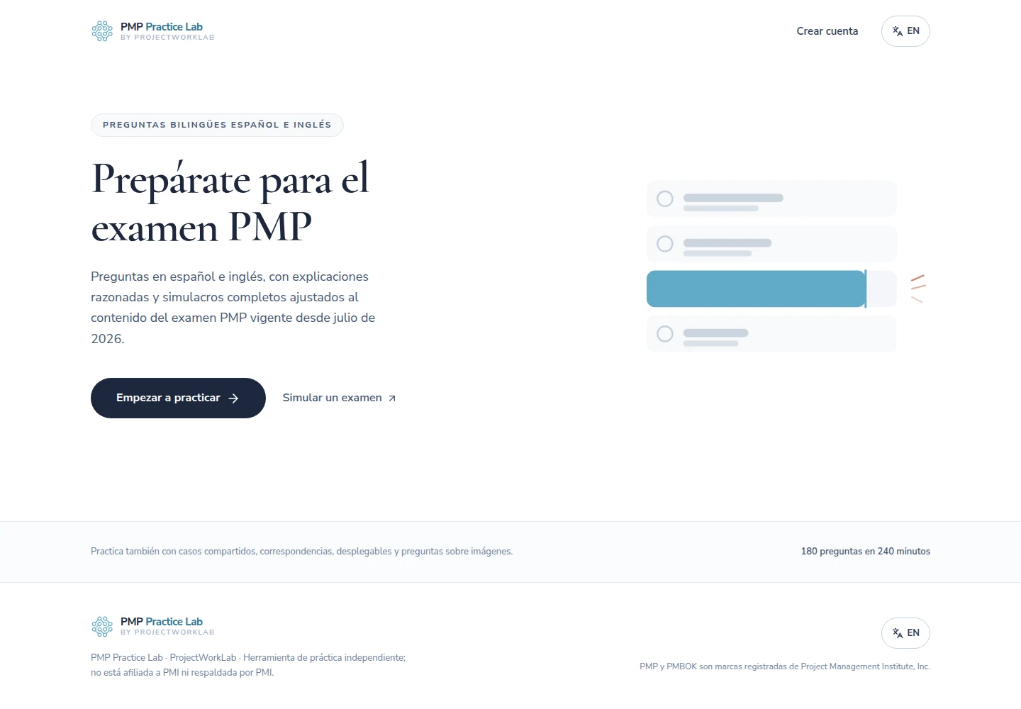 Pantalla de inicio de PMP Practice Lab en español